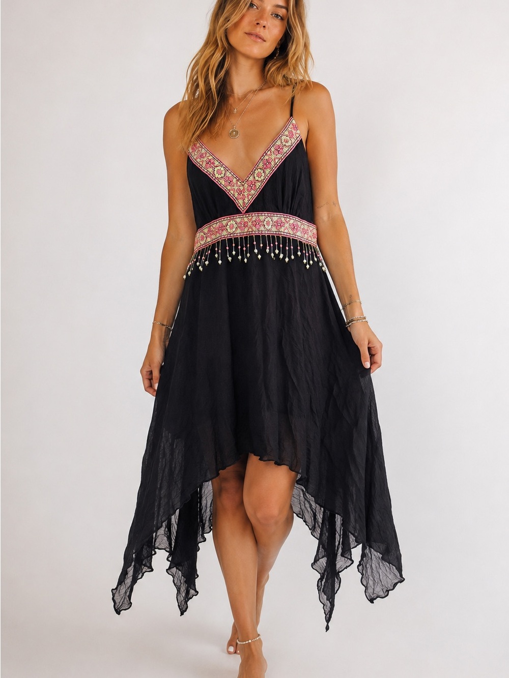 Y2K Black Boho Handkerchief Hem Dress Embroidered Beaded Fairy Grunge S/M